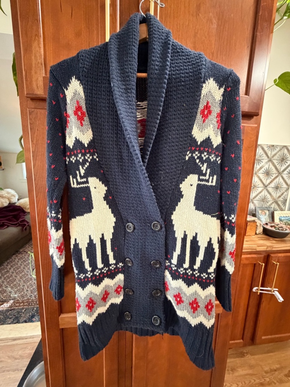 Knit Christmas Cardigan Navy Collar Cardigan with Cream Reindeer - Picture 2 of 6